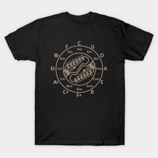 Circle of Fifths Electric Guitar Headstock Outlines Light Brown T-Shirt